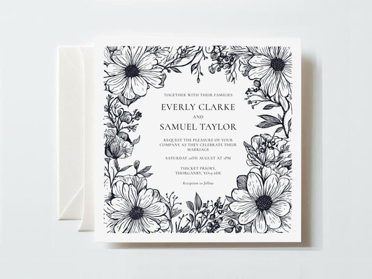 Floral, Elegant, Square Wedding Invitation